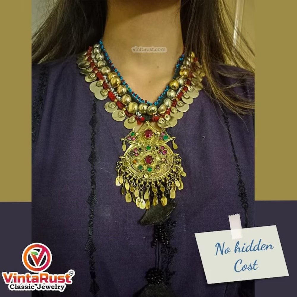 Afghani Kuchi Necklace With Multicolour Glass Stones Dangling Tassels and Coins,